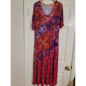 Soft Surroundings Maxi Dress Short Sleeve Pink Red Boho V-Neck Size Large Petite